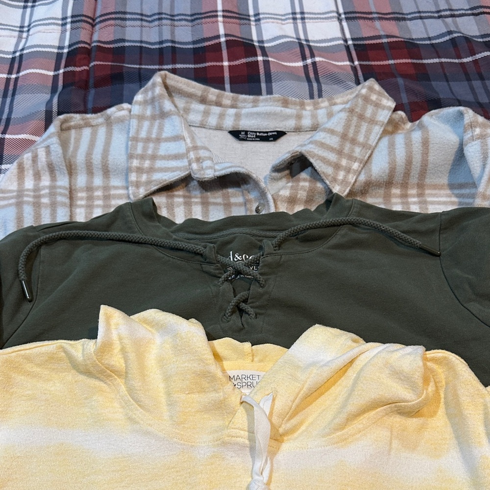 All three tops, Light yellow striped sweater, green USA top and plaid shirt